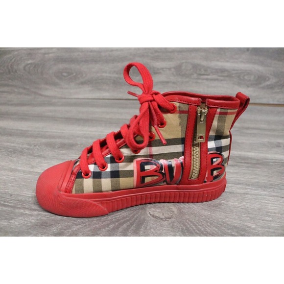 BURBERRY HIGH TOP SNEAKERS Toddler EU 30 NOVA CHECK SHOES Graffiti RED - Picture 6 of 12